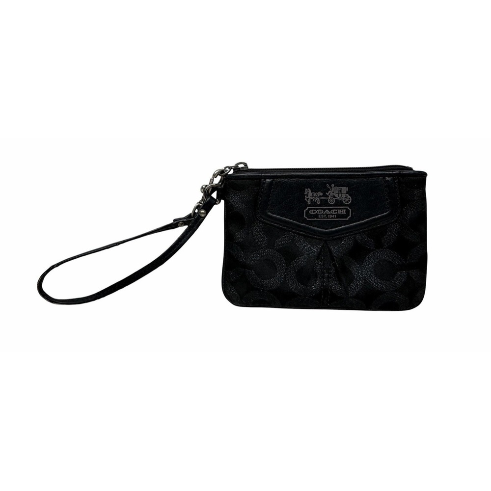 Coach Signature Black Jacquard Wristlet with Leather Trim & Purple Lining
